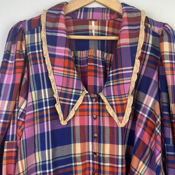 Free People Bexley Balloon Sleeve Plaid Top Relaxed Oversize Fit XS Button Front - Picture 7 of 16